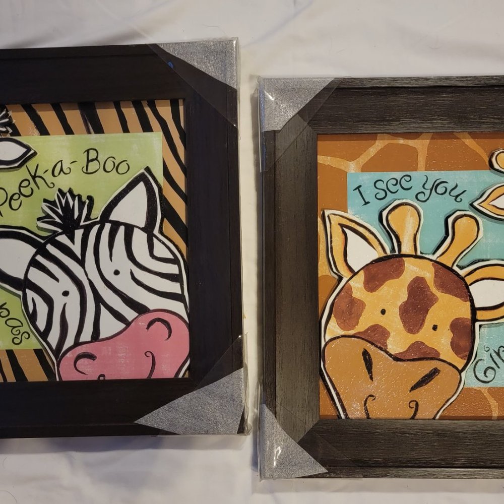 NEW Zebra & Giraffe Peek-A-Boo Set Nursery Toddler Wall Decor Zoo Jungle Animals